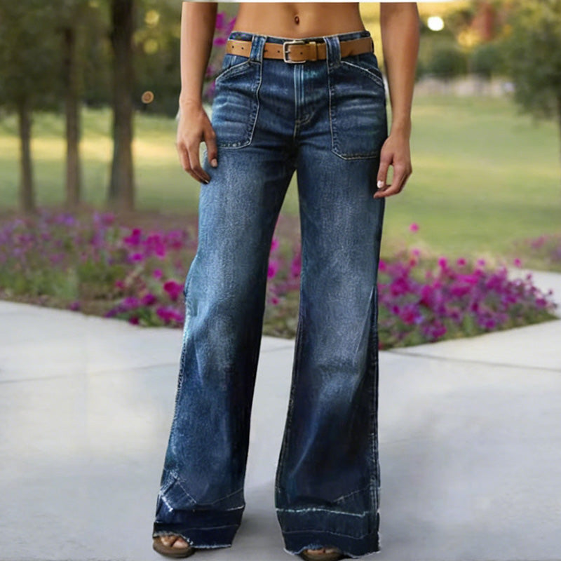 Jeans acampanados retro para mujer – vaquero elástico, bolsillos funcionales y ajuste vintage de cintura alta