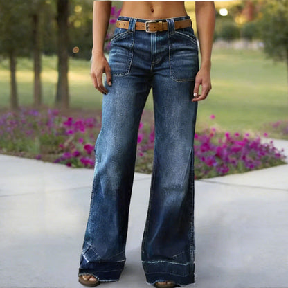 Jeans acampanados retro para mujer – vaquero elástico, bolsillos funcionales y ajuste vintage de cintura alta