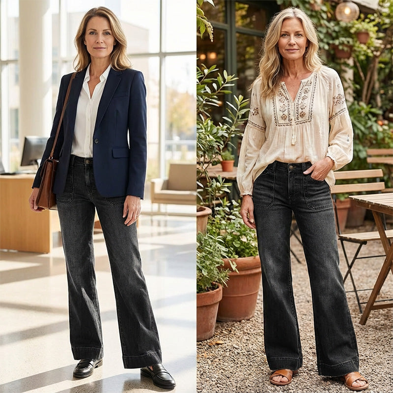 Jeans acampanados retro para mujer – vaquero elástico, bolsillos funcionales y ajuste vintage de cintura alta