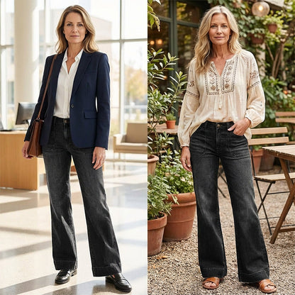 Jeans acampanados retro para mujer – vaquero elástico, bolsillos funcionales y ajuste vintage de cintura alta