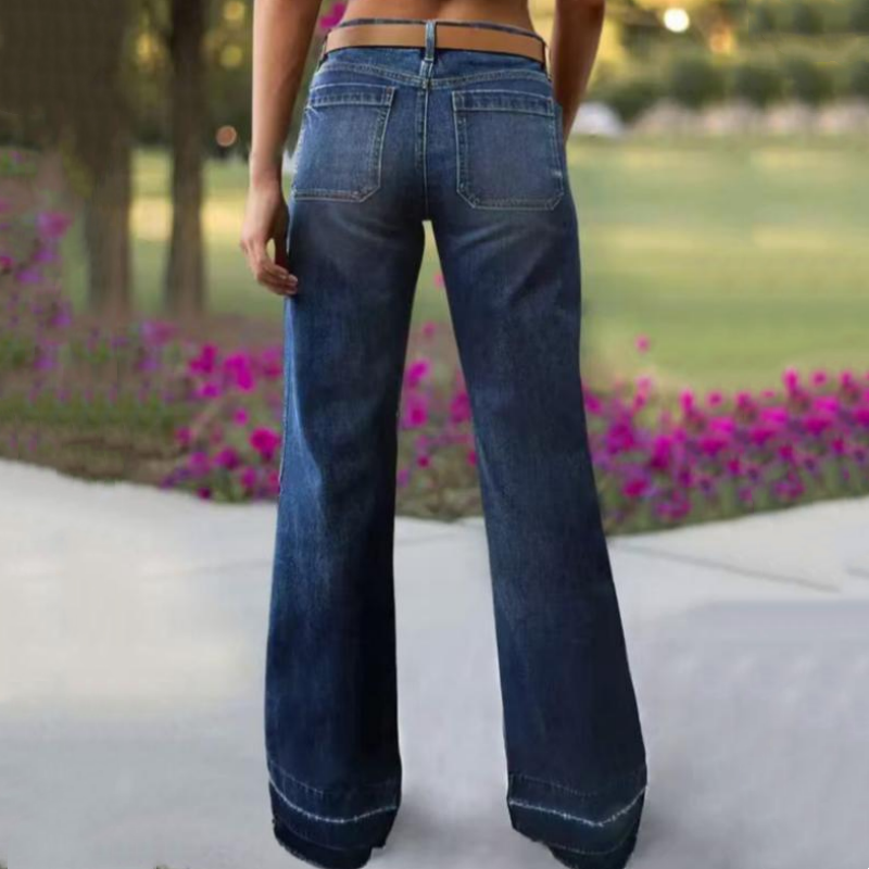 Jeans acampanados retro para mujer – vaquero elástico, bolsillos funcionales y ajuste vintage de cintura alta