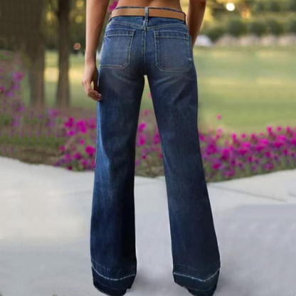 Jeans acampanados retro para mujer – vaquero elástico, bolsillos funcionales y ajuste vintage de cintura alta