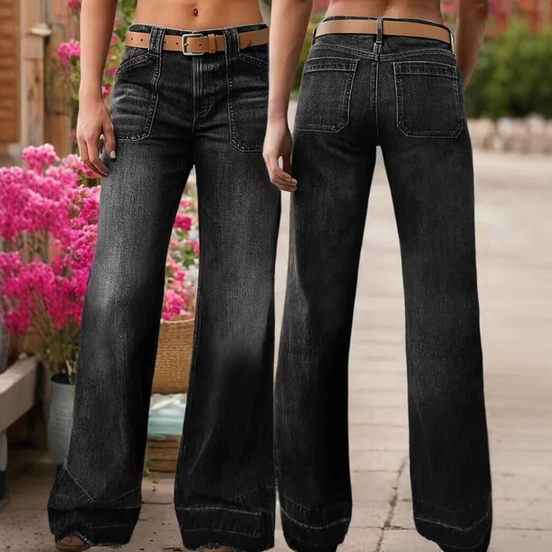 Jeans acampanados retro para mujer – vaquero elástico, bolsillos funcionales y ajuste vintage de cintura alta
