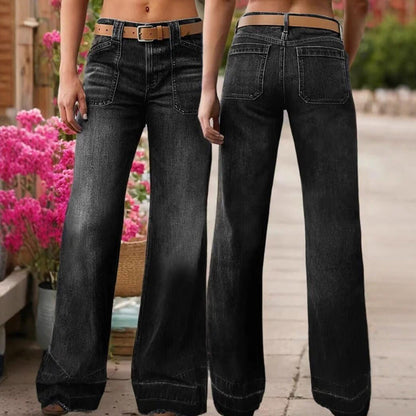 Jeans acampanados retro para mujer – vaquero elástico, bolsillos funcionales y ajuste vintage de cintura alta
