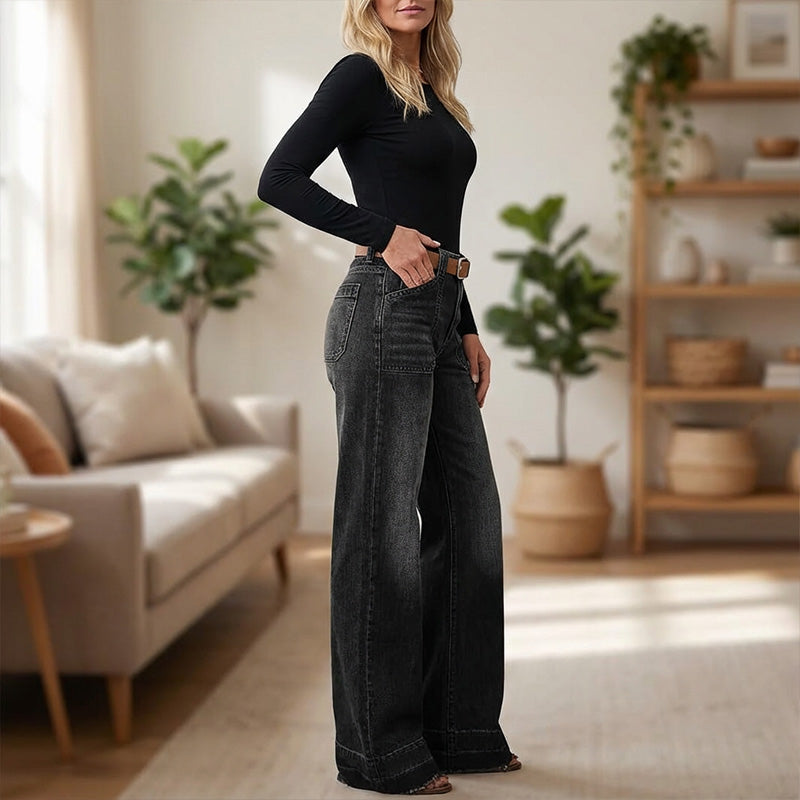 Jeans acampanados retro para mujer – vaquero elástico, bolsillos funcionales y ajuste vintage de cintura alta