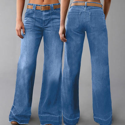 Jeans acampanados retro para mujer – vaquero elástico, bolsillos funcionales y ajuste vintage de cintura alta