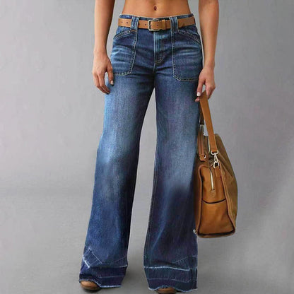 Jeans acampanados retro para mujer – vaquero elástico, bolsillos funcionales y ajuste vintage de cintura alta