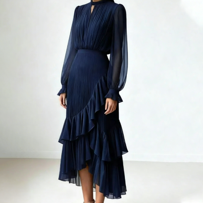 Vestido midi plisado elegante con volantes