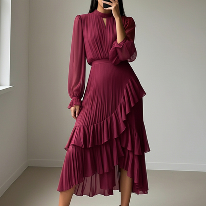 Vestido midi plisado elegante con volantes