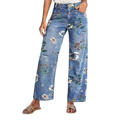 Jeans de mujer con estampado floral – ajuste recto y cómodo para primavera y otoño, ideales para el día a día y el tiempo libre