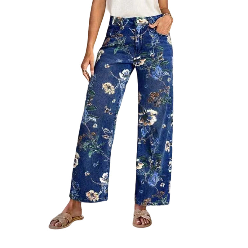 Jeans de mujer con estampado floral – ajuste recto y cómodo para primavera y otoño, ideales para el día a día y el tiempo libre