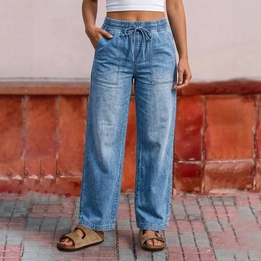 Vaqueros de mujer con cintura de cordón y corte ancho