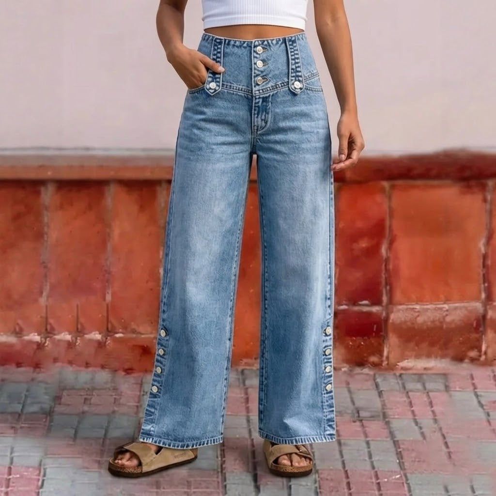 Jeans de mujer de cintura alta – pierna ancha con botonadura y abertura en el bajo