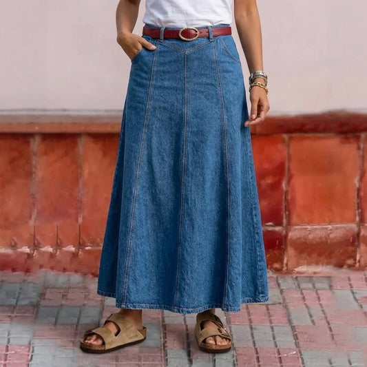 Falda vaquera larga de cintura alta y corte A
